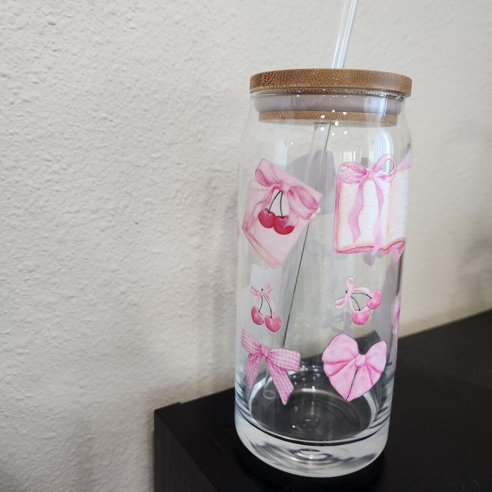 Coquette Pink Bows Glass Tumbler: Bookish Girly Iced Drink Cup